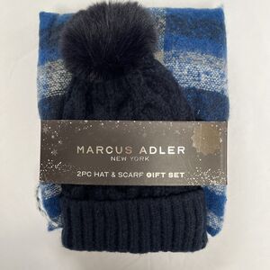 Marcus Adler Scarf Hat Gift Set Faux Fur Blue Cable Hat Blue Gray Plaid Wrap
